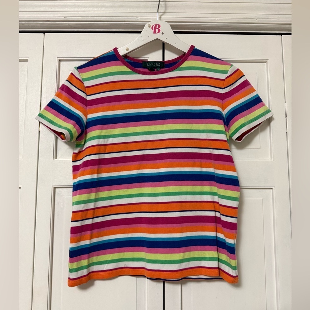Lauren Ralph Lauren Women’s Small 100% Cotton Rainbow Striped T-Shirt Y2K